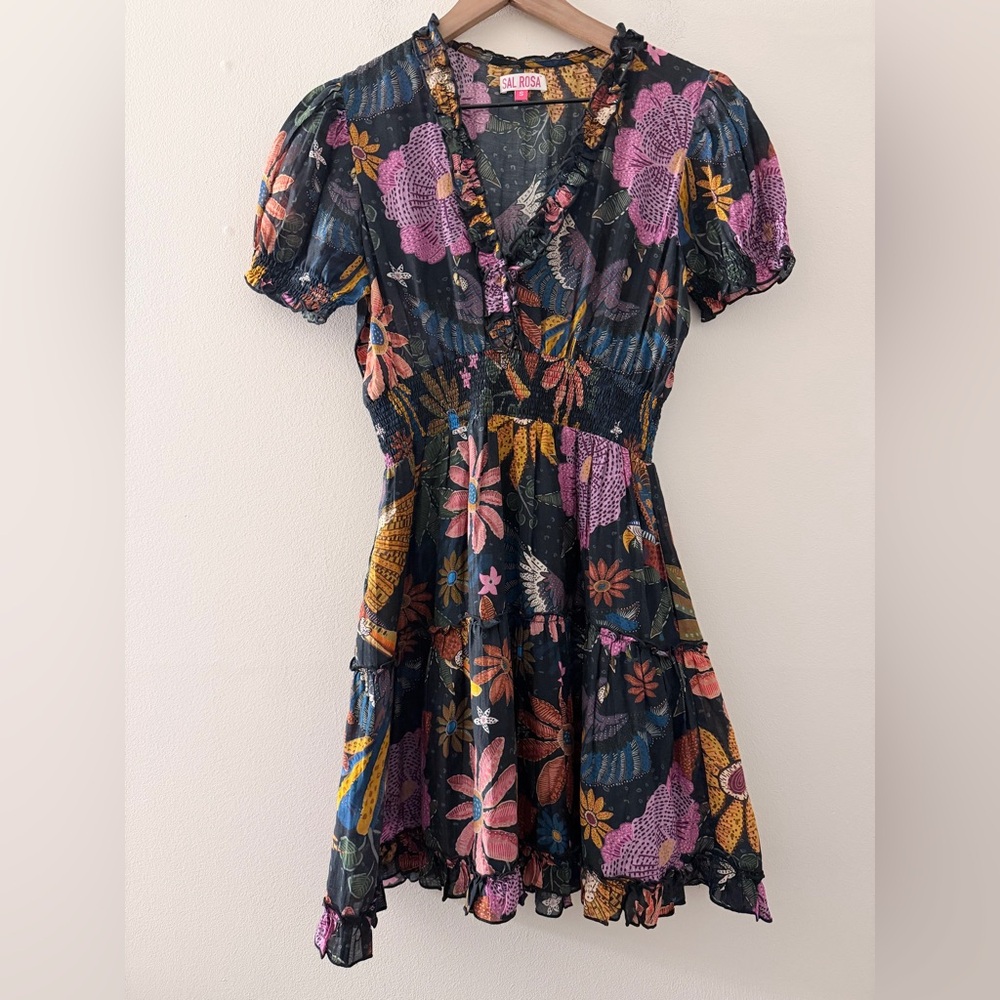 SAL ROSA tropical bird print novelty dress smocked tiered puff sleeve silk blend